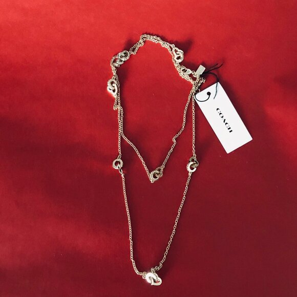 COACH HEART  SIGNATURE LONG STATION NECKLACE IN GOLD TONE 34" and Storag Bag - Picture 13 of 13